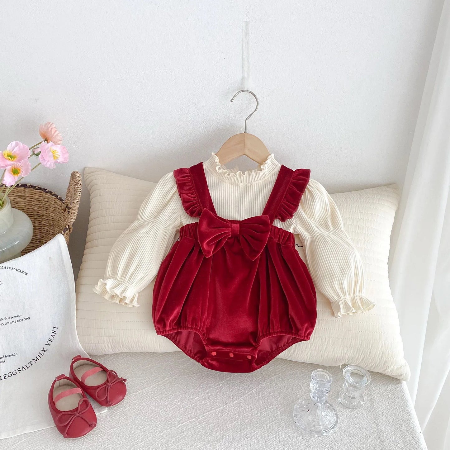 Hee red bow ruffle romper